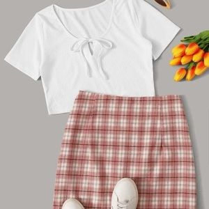 RIbbed white tee and tartan skirt